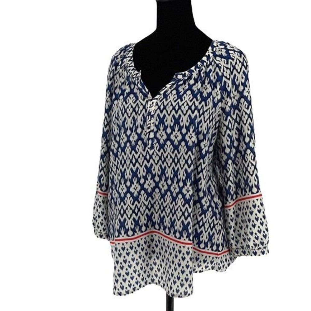 Beach Lunch Lounge Womens Ikat Notch Neck 3/4 Sleeve Tunic Blouse Blue Medium